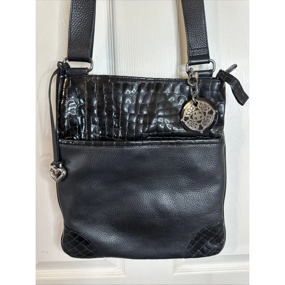Brighton Black Pebble Leather & Patent Leather Crossbody Purse